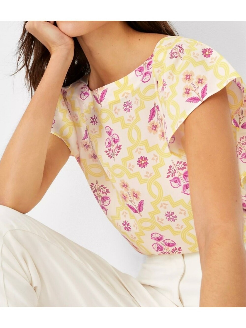 Ann Taylor Floral Print Boatneck Women's Top in Yellow & Pink XL Adorable!